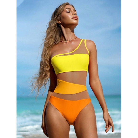 Yellow Orange Colorblock Mesh Insert One Piece Monokini Swimsuit - Picture 5 of 6